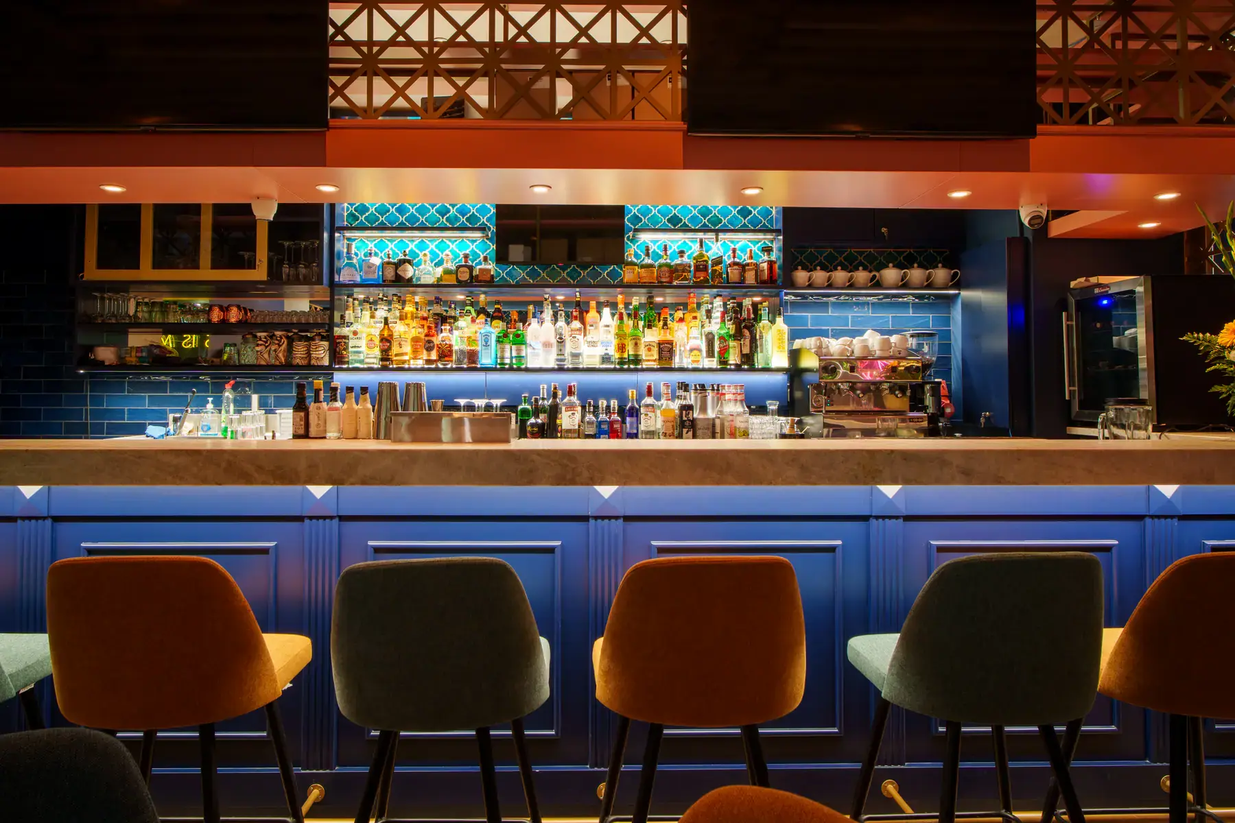 The bar, backlit and ready for service